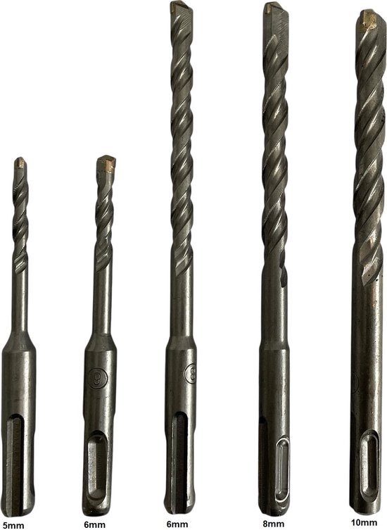 Vijf SDS+ boren met maten 5mm, 6mm, 6mm, 8mm en 10mm.
