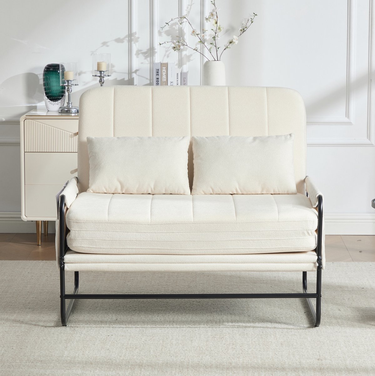 FloraGrace Slaapbank 2-Zits - Met Metalen Frame, Opbergtassen En Uitklapbaar Bed - Voor Woonkamer, Thuiskantoor En Logeerkamer - Chenille - Beige