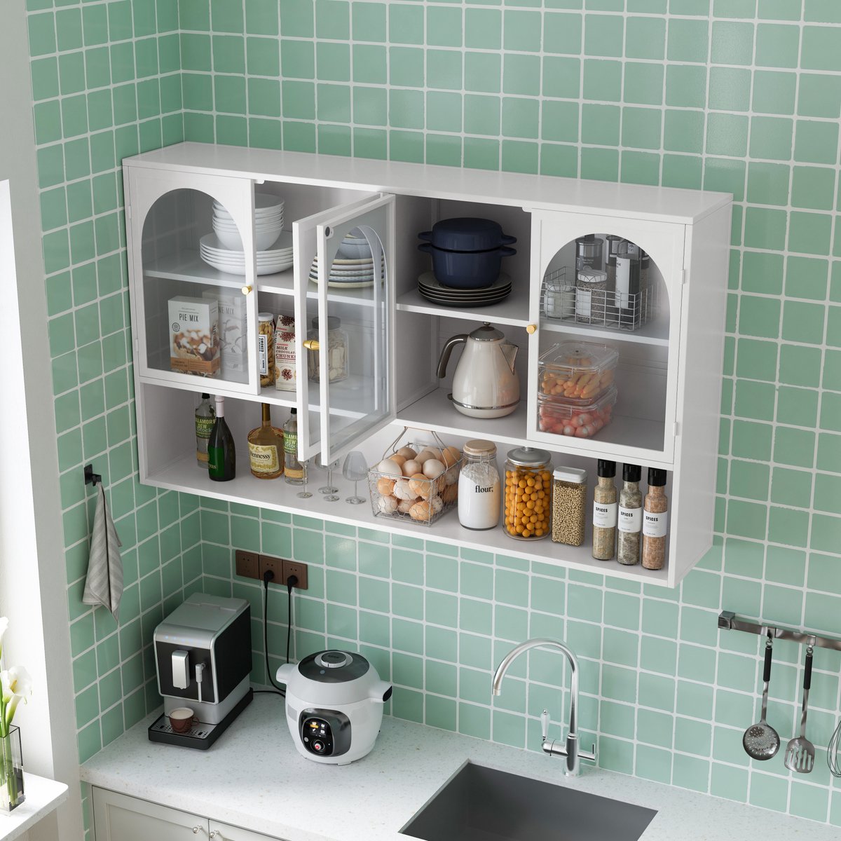 OKWISH Vitrinekast – Wandhängend – Vier Deuren – Met Glazen Deuren – Voor Keuken Woonkamer En Badkamer – Wit – 120 Cm