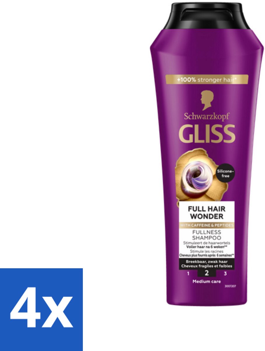 4 x Gliss Shampoo Full Hair Wonder - 250 ml - Haarversterkend Shampoo - Volume Voor Dun Haar - Biotine Shampoo - Peptiden Voor Haar - Gezond Haar