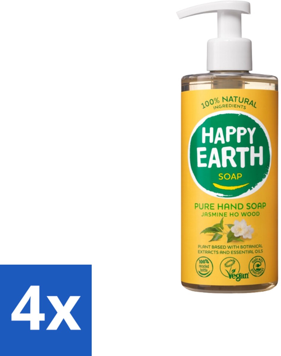 4 x Happy Earth – Handzeep – 100% Natuurlijk Jasmine Ho Wood – 300 ml - Natuurlijke Handzeep - Vegan Handzeep - Jasmijn Handzeep - Ho Wood Handzeep - Antibacteriële Handzeep