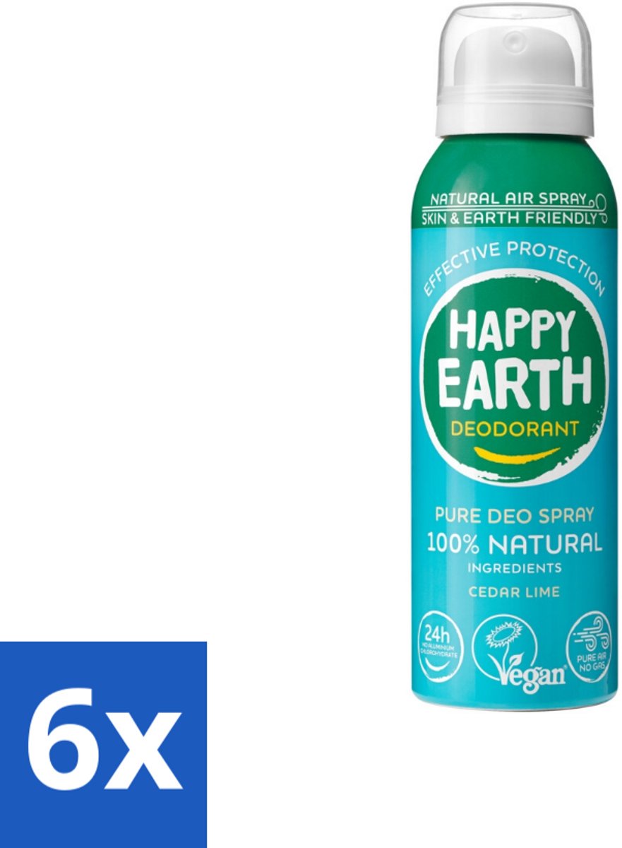 6 x Happy Earth – Deodorant Natural Air Spray – 100% Natuurlijk Cedar Lime – 100 ml - Natuurlijke Deodorant - Cederhout En Limoen - Aerosol Deodorant - 100% Natuurlijk - Luchttechnologie