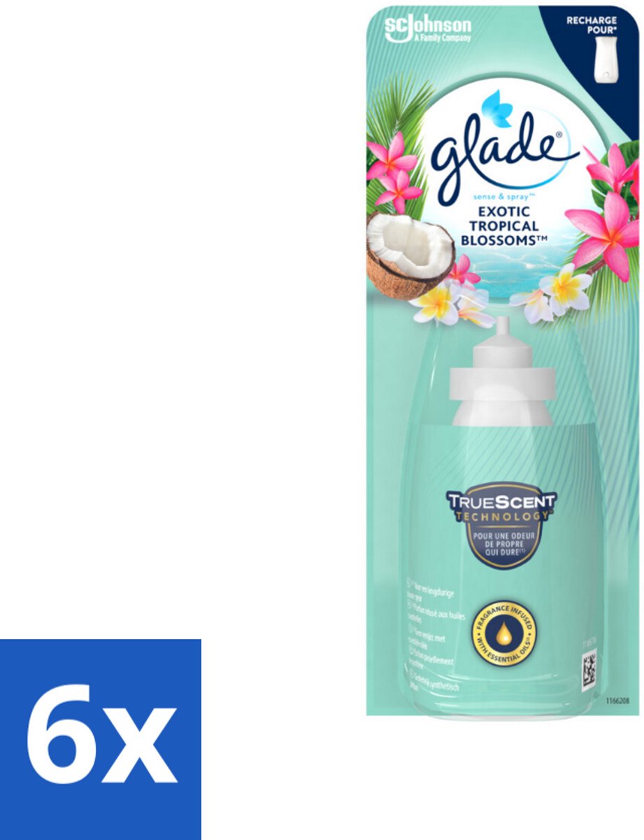 6 x Glade – Sense & Spray Navulling – Exotic Tropical Blossoms – 18 ml - Tropische Geur - Bewegingssensor - Kokos En Bloemen - Luchtverfrisser - Exotische Geur