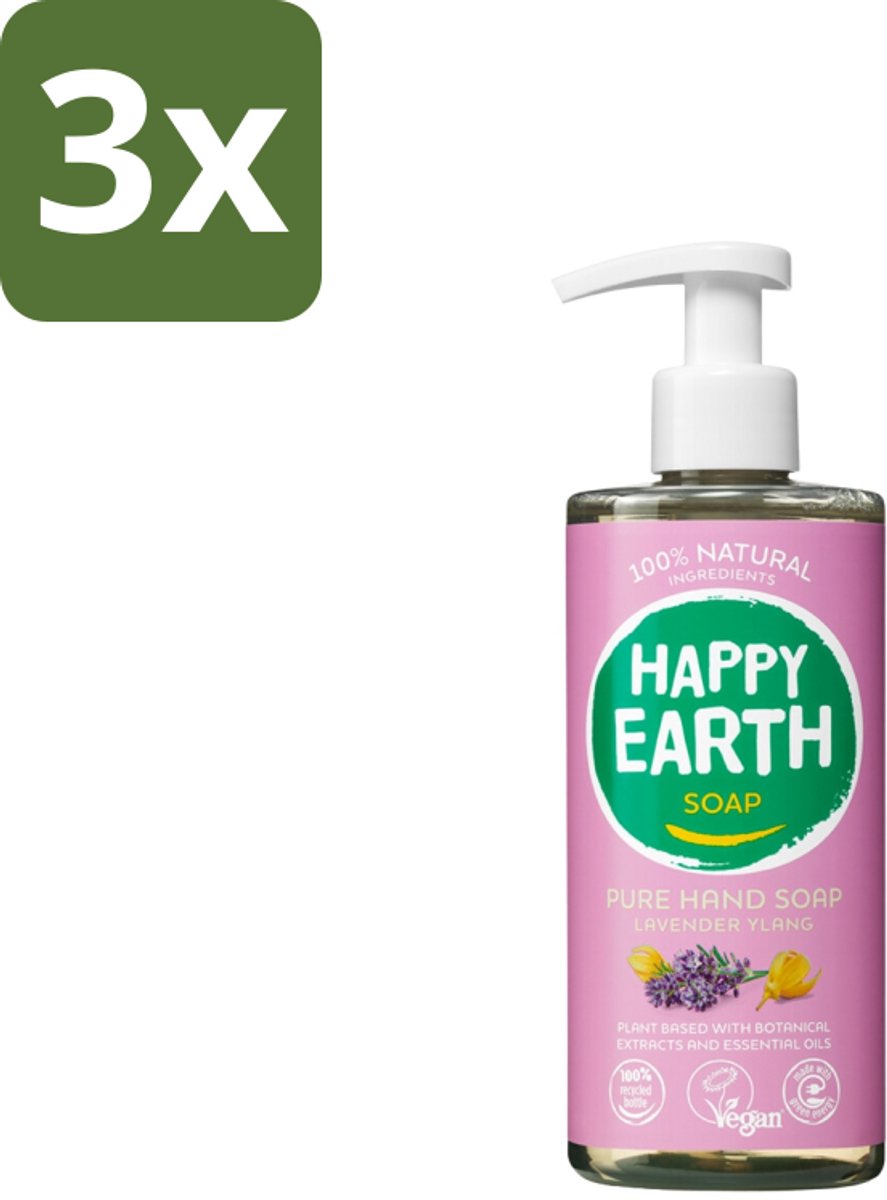 3 x Happy Earth – Handzeep – 100% Natuurlijk Lavender Ylang – 300 ml - Handzeep - Natuurlijke Handzeep - Vegan Handzeep - Lavendel Handzeep - Ylang Handzeep