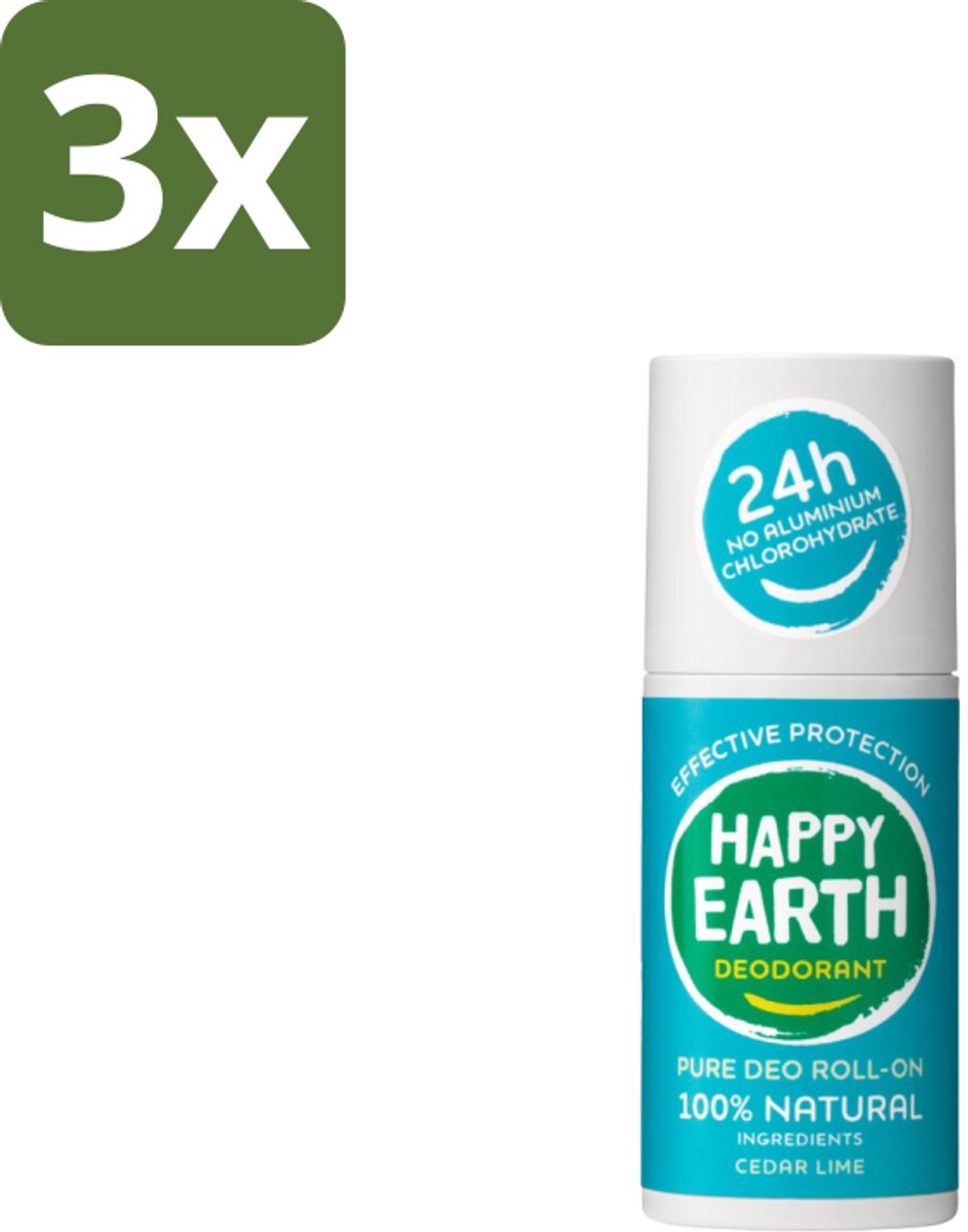 3 x Happy Earth – Deodorant Roll-On – 100% Natuurlijk Cedar Lime – 75 ml - Natuurlijke Deodorant - Cedar Lime - Roll-on Deodorant - Geur Ceder En Limoen - Botanische Extracten