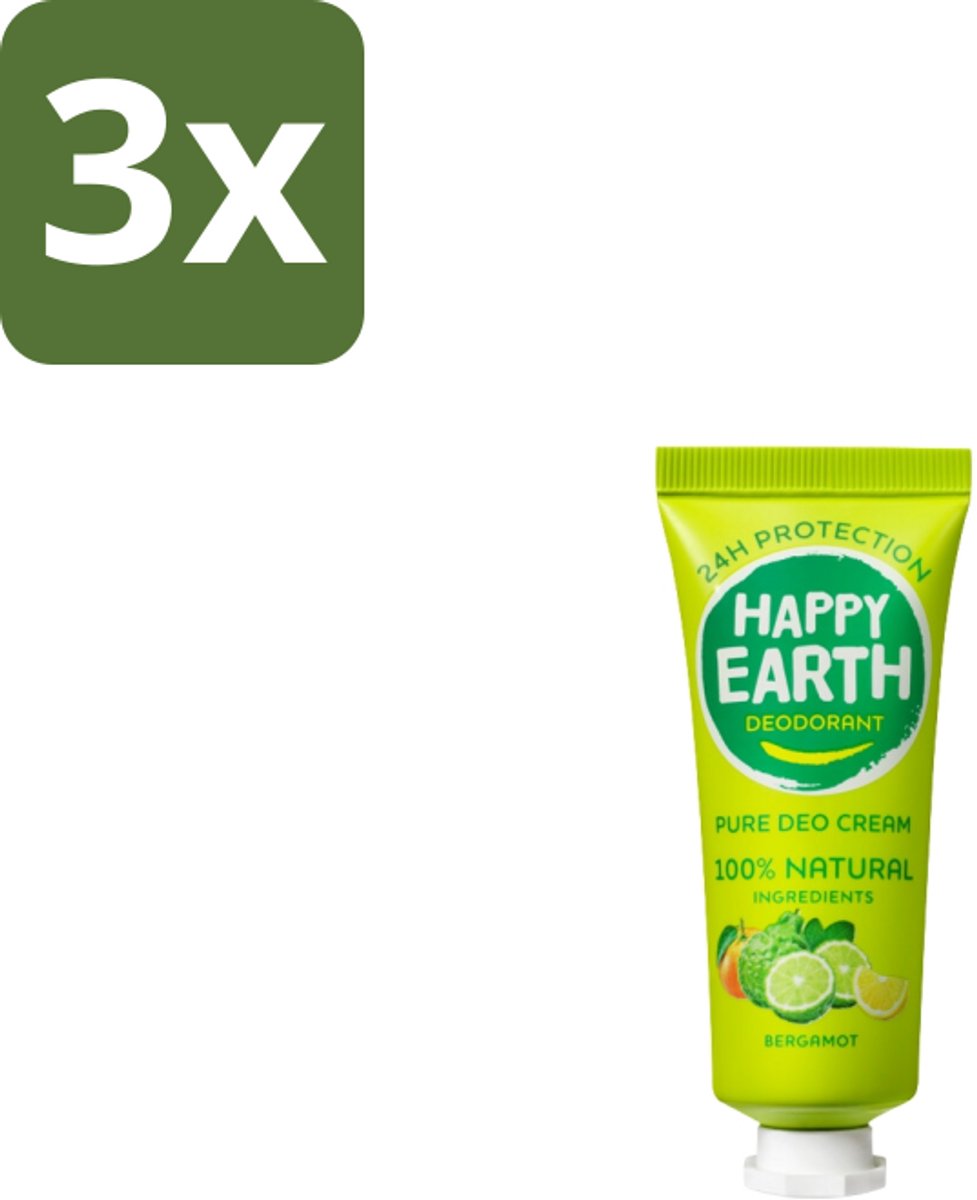 3 x Happy Earth – Deodorant Cream – 100% Natuurlijk Bergamot – 40 ml - 100% Natuurlijk Deodorant - Bergamot Deodorant - Natuurlijke Deodorant Crème - Aluminiumvrij Deodorant - Vegan Deodorant