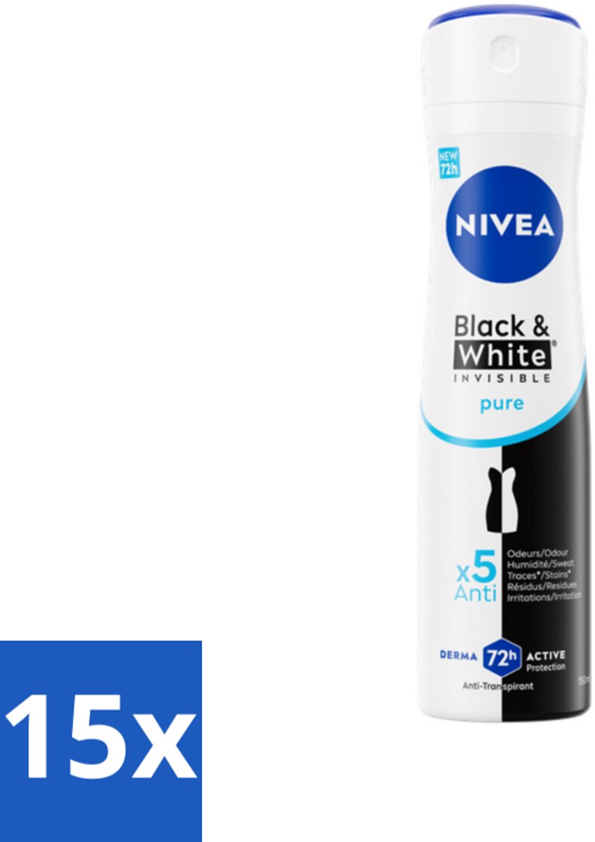 15 x NIVEA – Deodorant Spray – Black & White Invisible Pure – 150 ml - Deodorant Spray - Anti-Vlek - Onzichtbare Bescherming - 48 Uur Bescherming - Anti-Transpirant