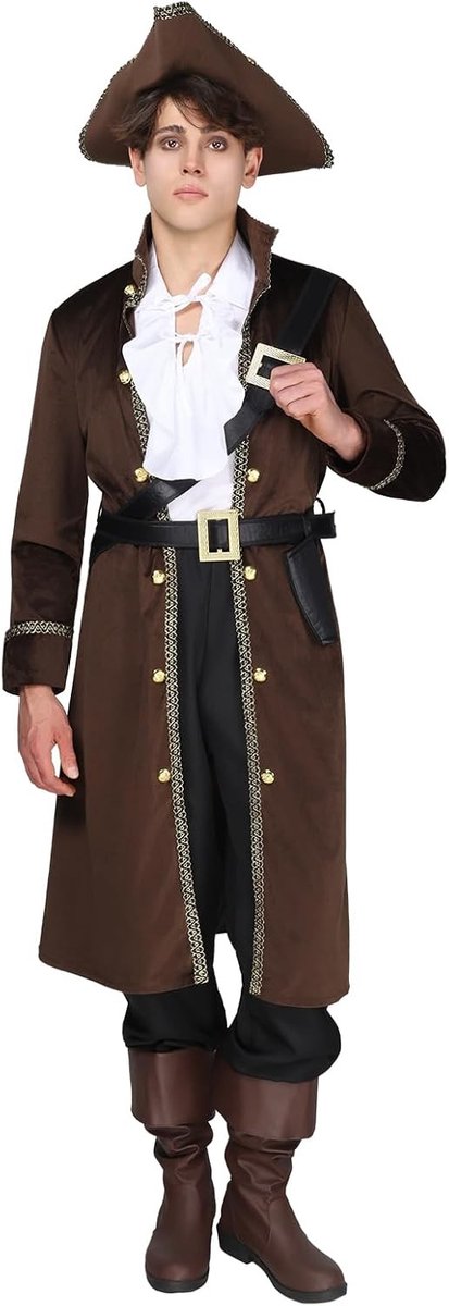 Deluxe Piratenkostuum voor Mannen, Volwassenen Halloween Outfit met Lange Jas, Jabot, Hoed en Riem Set