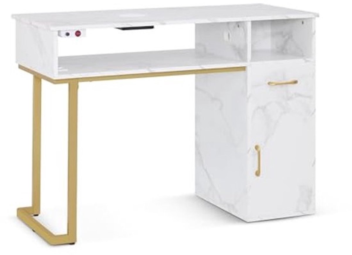 Nageltafel met Lades en Afzuiging – Houten Nagel Tafel voor Schoonheidssalon – Marmer Wit Goud – 50 x 110 x 82 cm