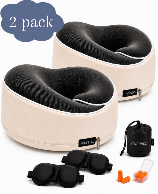 Lot de 2 coussins de nuque Morelia beiges en mousse à mémoire de forme, avec masque pour les yeux et bouchons d'oreilles.