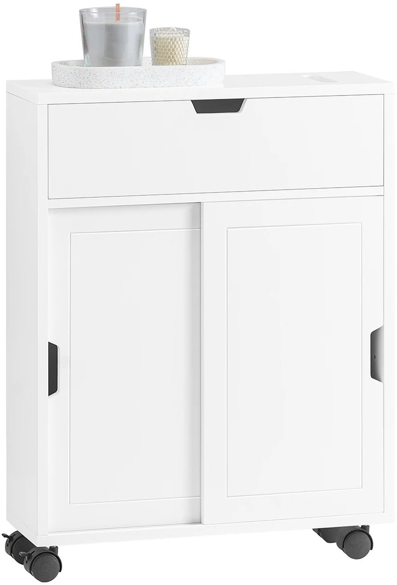 Homezo badkamerkast - Badkamermeubel - Kastje op wieltjes - 2 Schuifdeuren - Klep - Verstelbare indeling - 52 x 68 x 17 cm - Wit