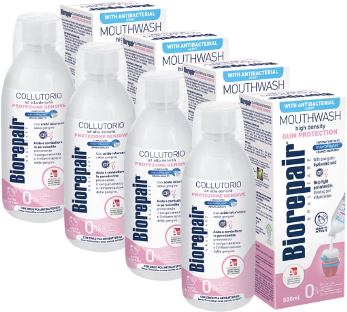 4x Biorepair Mondwater Tandvleesbescherming - 500 ml - Hyaluronzuur & MicroRepair