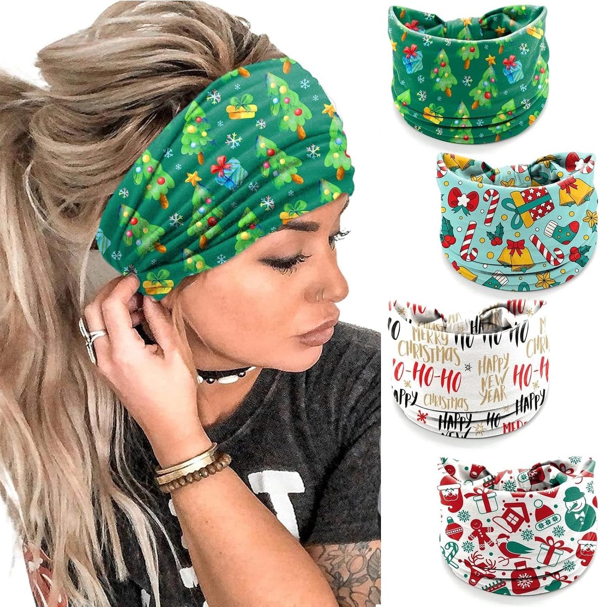 Kerstthema Brede Haarbanden voor Vrouwen - 4 Stuks met Strik, Perfect voor Feestdagen en Kostuums