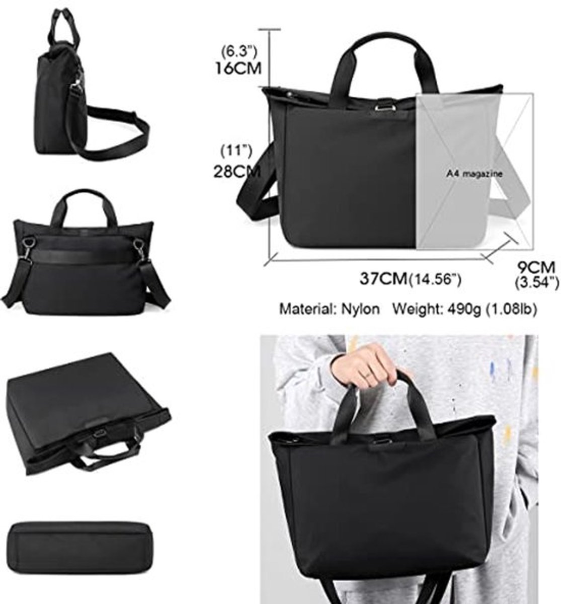 Heren Tote Bag voor 14 inch Laptop - Waterdichte Schoudertas voor Werk, School en Reizen - Zwart
