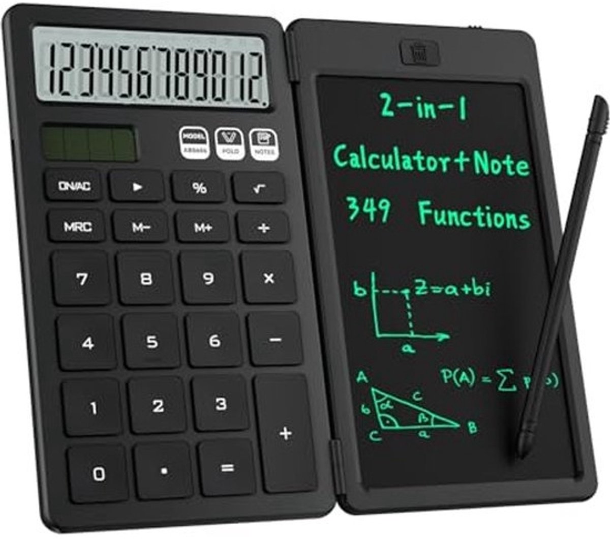 2-in-1 opvouwbare rekenmachine met uitwisbaar lcd-schrijfblad en 12-bits groot HD-display - Oplaadbare zonne-energie voor Studenten en Kantoor