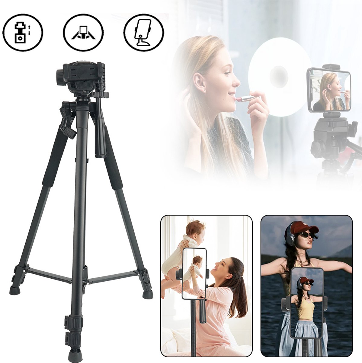 Verstelbaar Camerastatief 61-168 cm - 360° Draaibaar Robuust Aluminium - Opvouwbaar Met Draagtas En Stabilisatiehaak - Voor Spiegelreflexcamera's Webcams En Telefoons - Ideaal Voor Vloggen En Streamen Vanaf Het Begin Van Het Schooljaar - Zwart