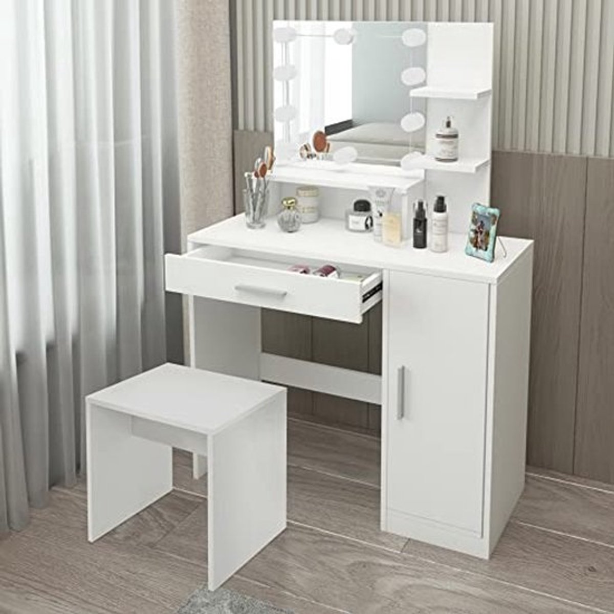 Moderne Kaptafel met LED Verlichting en Kruk - Make-up Tafel voor Dames en Meisjes
