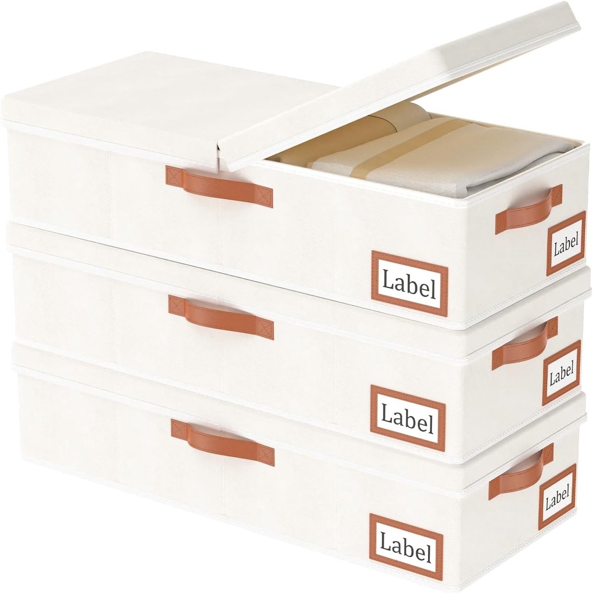 3-delige Onderbed Opbergdoos voor Kleding en Dekens met Deksel, Vouwbare Opbergtas met Handvatten, 60x30x15cm, Beige, Ideaal voor Kleding, Dekbedden en Beddengoed