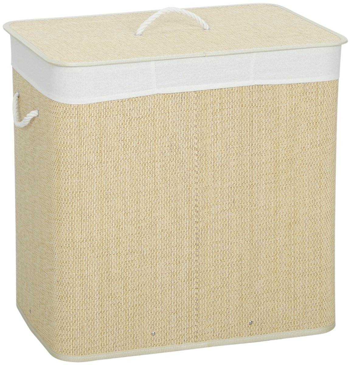 Wasmand 60 x 40 x 60 cm houtkleur bamboe, wasmand met deksel en verwijderbare wasbare binnenzak, met handvatten, eenvoudig ontwerp, praktisch en decoratief, stabiel en duurzaam, voor badkamer, slaapkamer en wasruimte