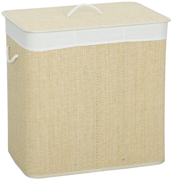 Gesloten wasmand van gevlochten bamboe in houtkleur, met een wit deksel en touwhandvat.