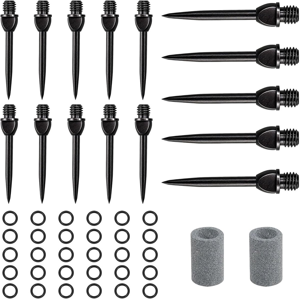 Set van 15 stalen dartpunten met 30 rubberen ringen en 2 slijpstenen, ideaal voor trainingen en toernooien met softdarts om te zetten naar stalen darts