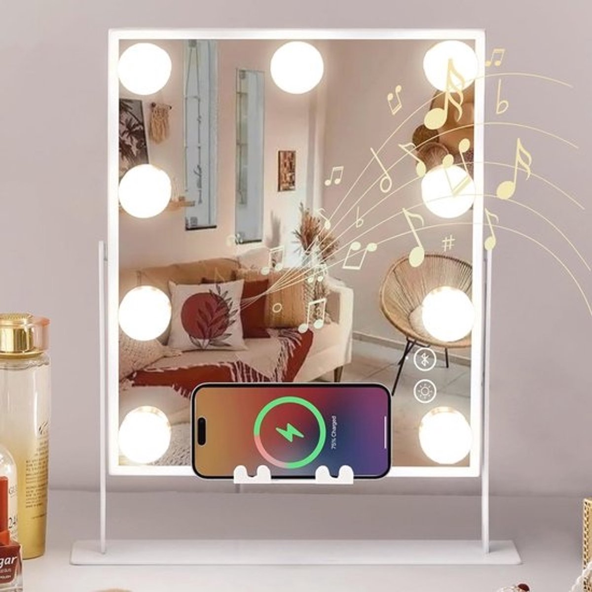 Make-upspiegel met Verlichting en Bluetooth - Draadloos Opladen, 360 Graden Rotatie, 9 Lampen en Telefoonstandaard