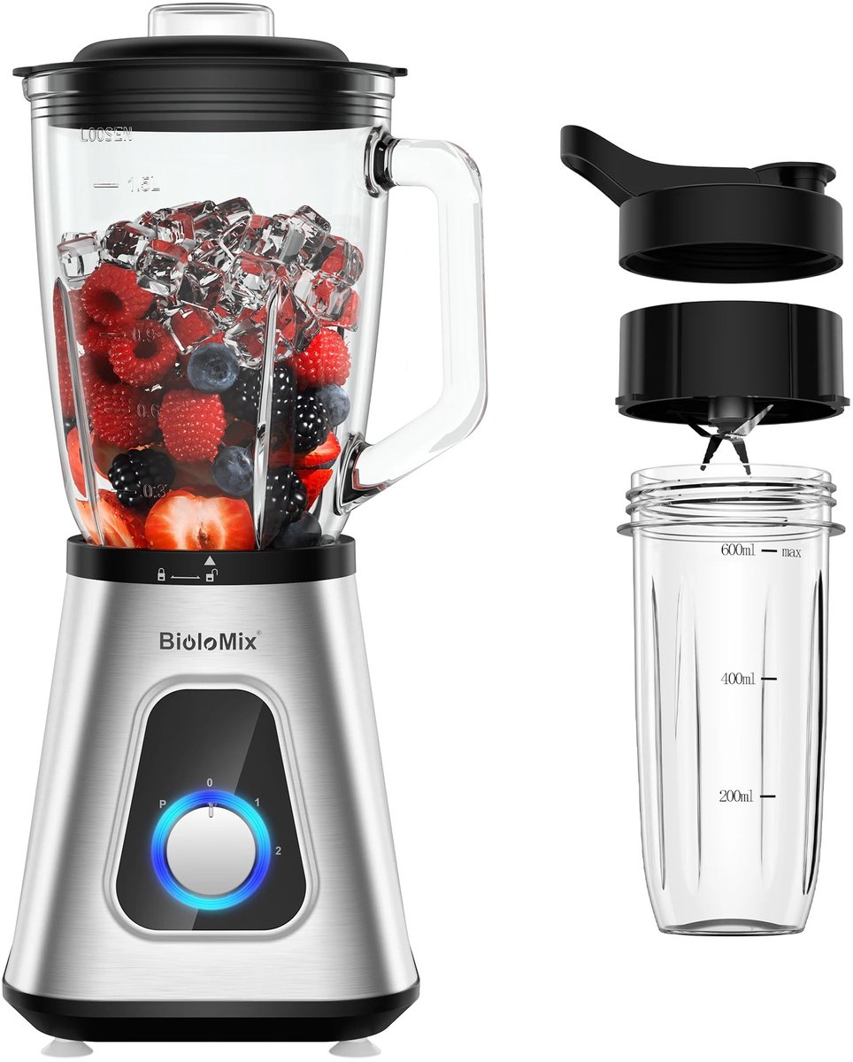 DeltaMerch Blender - Smoothie maker - 1.5L - Glazen kan - 1300W - BPA-vrij - IJs en bevroren fruit - 600 ML To-Go Beker - RVS