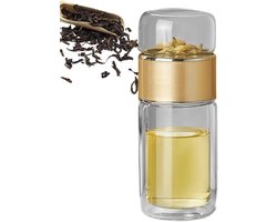 Theekopje met infuser - 420 ml - Dubbelwandig borosilicaatglas - Met theezeefje - Theepot - Theekopje met infuser - Drinkset - Lichtgewicht en draagbaar, geschikt voor dagelijks gebruik en op reis, champagne goud.