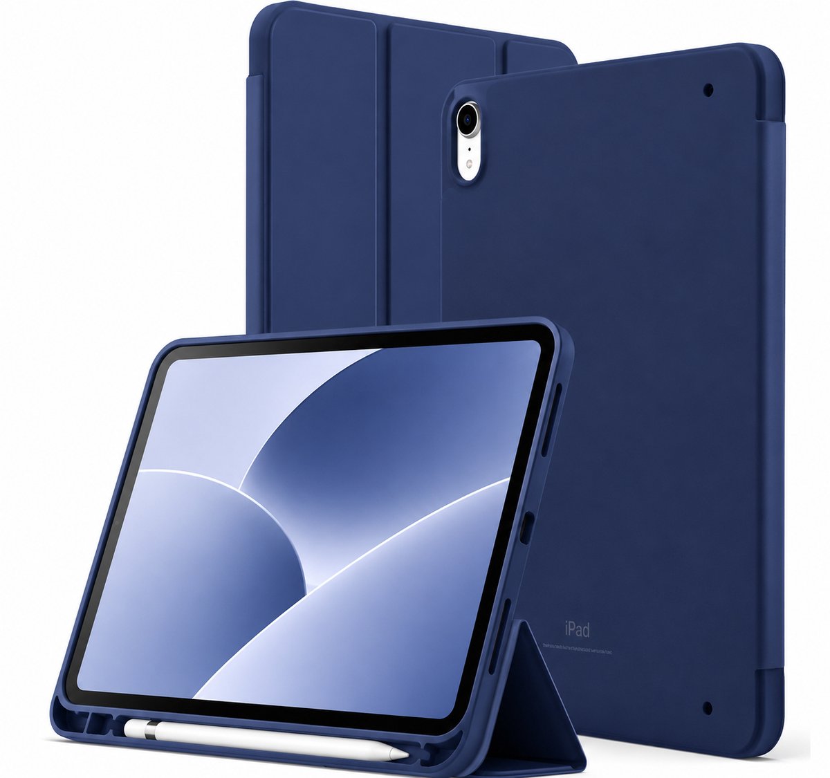 Sounix Tablet hoes Geschikt voor Apple iPad 11 (2025) A16 / Apple iPad 10.9 (2022) - Siliconen Hoesje met Pencilhouder, Smart Cover Achterzijde - Donkerblauw