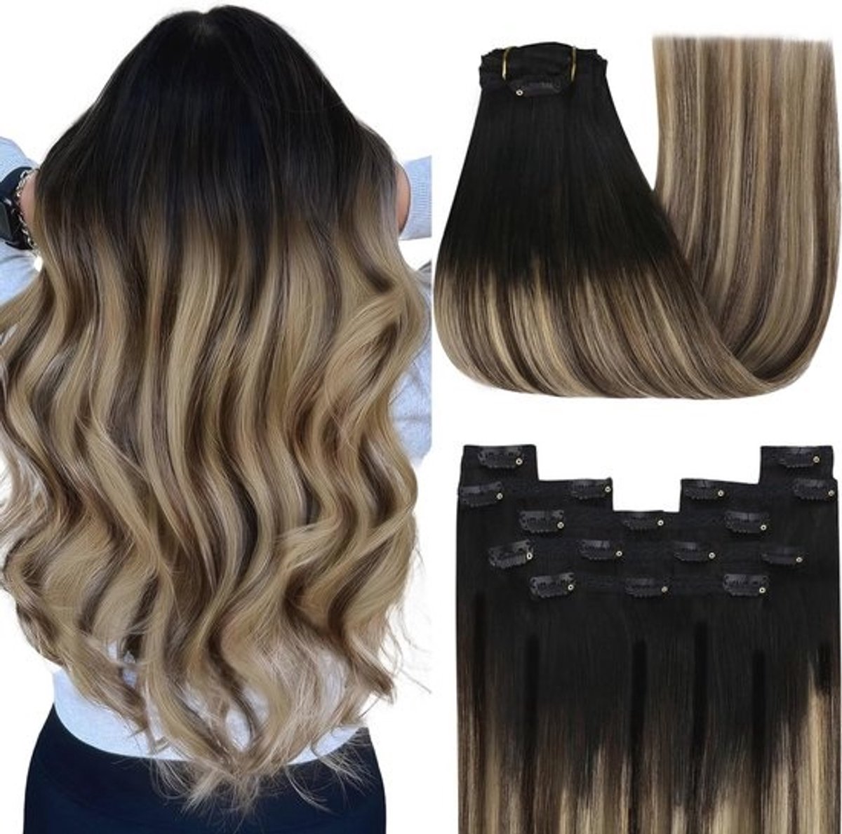 Haarextensies met clip Balayage 12 inch - Donkerbruin tot Karamelblond - 7 Stuks 80g