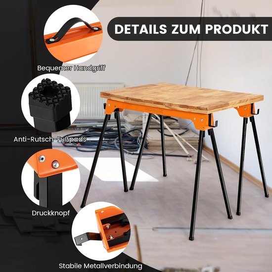 COSTWAY Set van 2 steigerbokken, klapbok, tot 600 kg, werkbokken inklapbaar, opvouwbare bok met handgreep, steunbok, zaaghulp, werkbok, metaal, onderstelbok, zaagblokken, zaagpaard — afbeelding 3