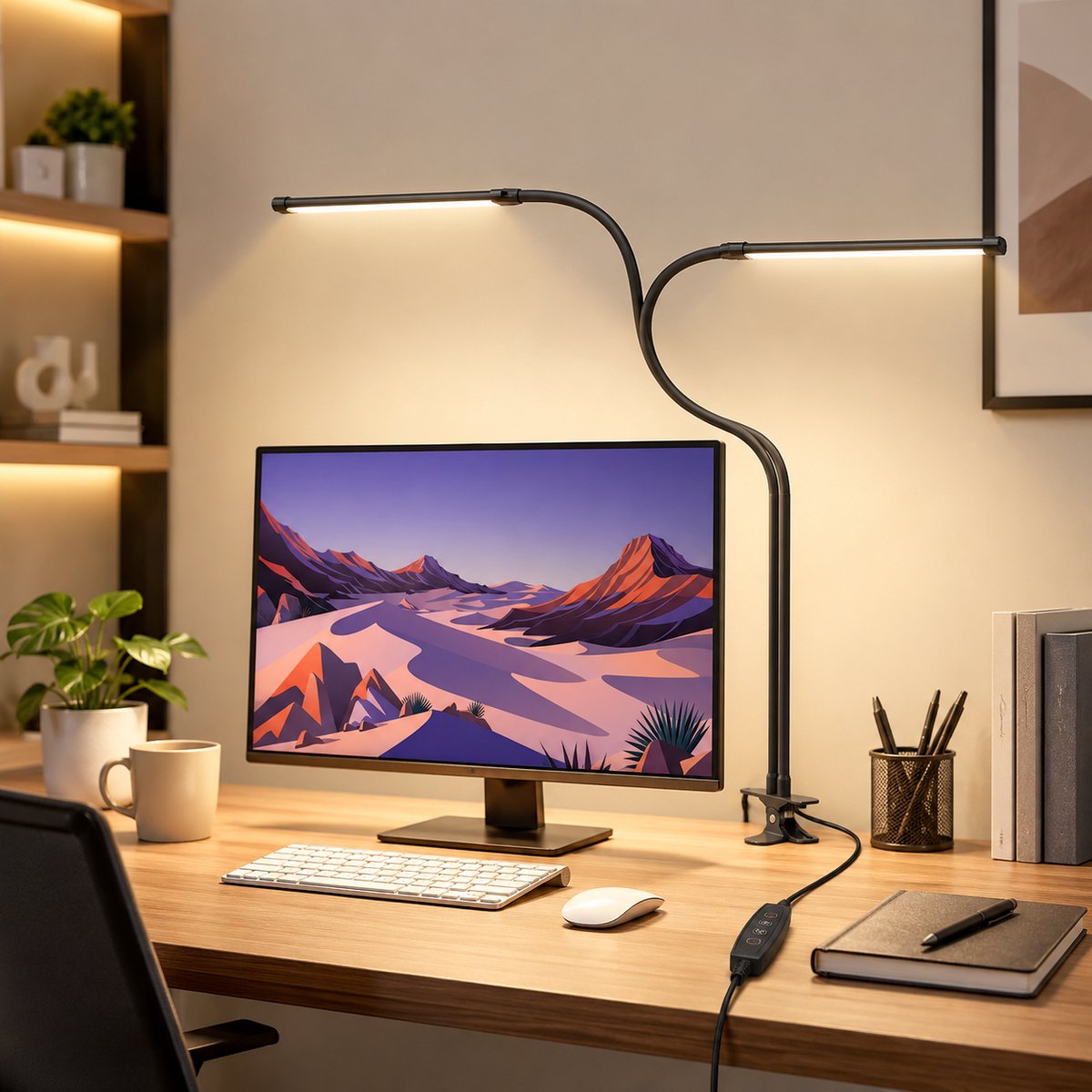 MUPOO Bureaulamp LED met Klem - Dimbare Werklamp met 2 Lampkoppen & 2×70 cm 360° Flexibele Zwanenhals - Monitor Lamp met 10 Helderheidsstanden en 3 Lichtkleuren - Klemlamp-Hobbylamp voor Kantoor, Studie, Handwerk en Thuiswerk - USB