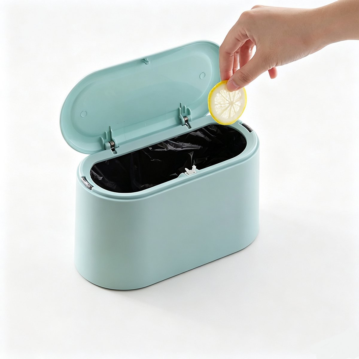 1 stuk - Mini vuilnisbak - afneembaar met deksel - kleine plastic vuilnisbak - pop-up desktop vuilnisbak - voor badkamer, kantoor, keuken, bureau desktop vuilnisbak / vullen verzamelbak - lichtblauw