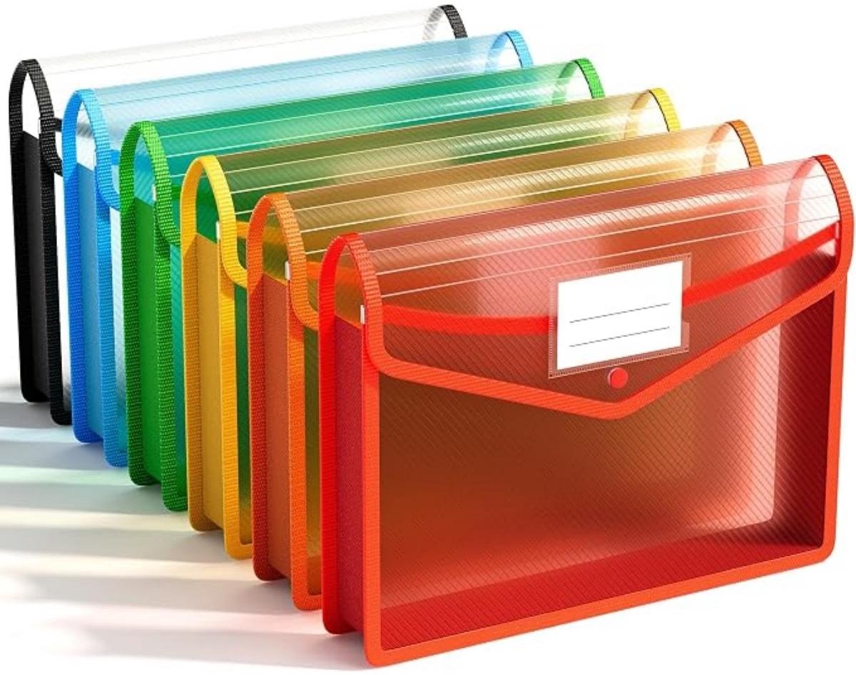 SSTRWGOOD 6 Stuks Ordners A4 - Documentenmappen met Drukknop - Transparante Kunststof Mappen - Kleurrijk en Slijtvast - Geschikt voor Kantoor, School en Reizen - Set van 6 Stuks