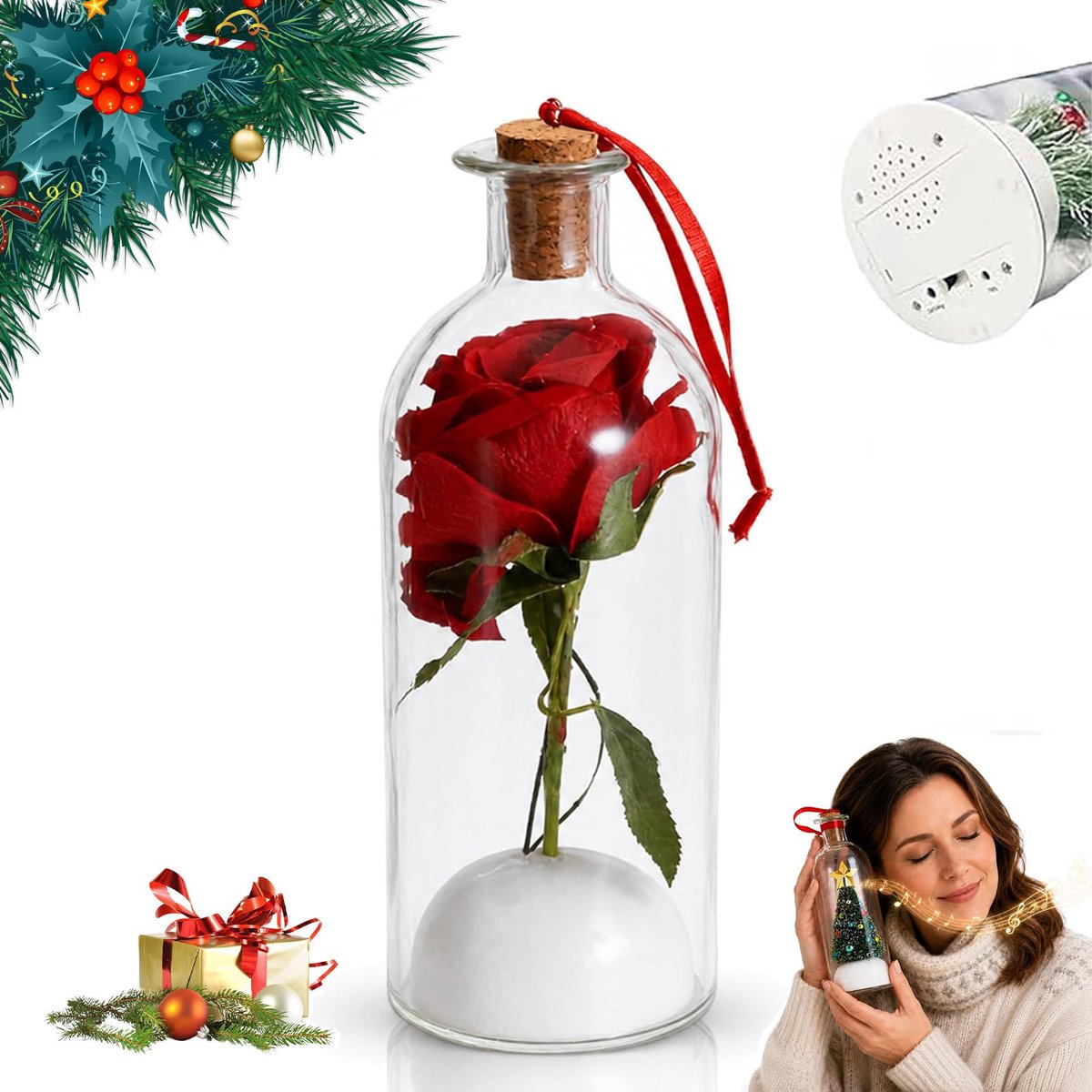 Namajunas - Rode Roos Glas Boodschapfles - Opneembaar - Sound Audio Souvenir - Kurkschakelaar voor Afspelen - Geluidsrecorder - Kerstdecoratie voor Binnen - Decoratie voor Huis - Creatief Cadeau - Cadeaus voor Kerst, Sinterklaas, Verjaardag