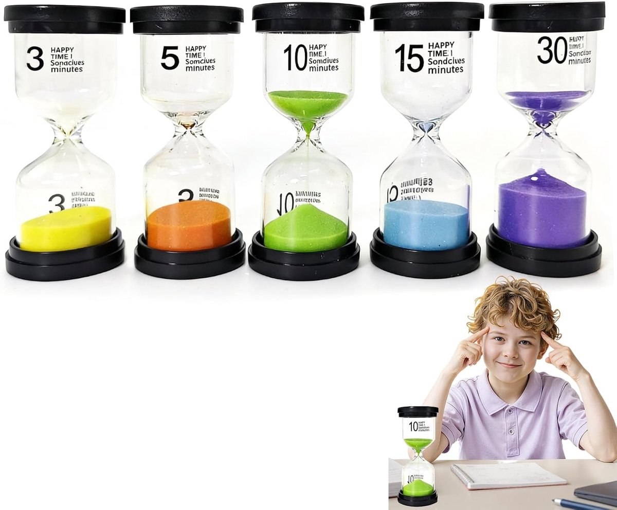Set van 5 Kleurrijke Zandlopers voor Kinderen met Macaron Kleuren, 3/5/10/15/30 Minuten Timer, Decoratieve Accessoires voor Thuis en Kantoor, Creatief en Speels Cadeau voor Tijdbeheer en Educatie