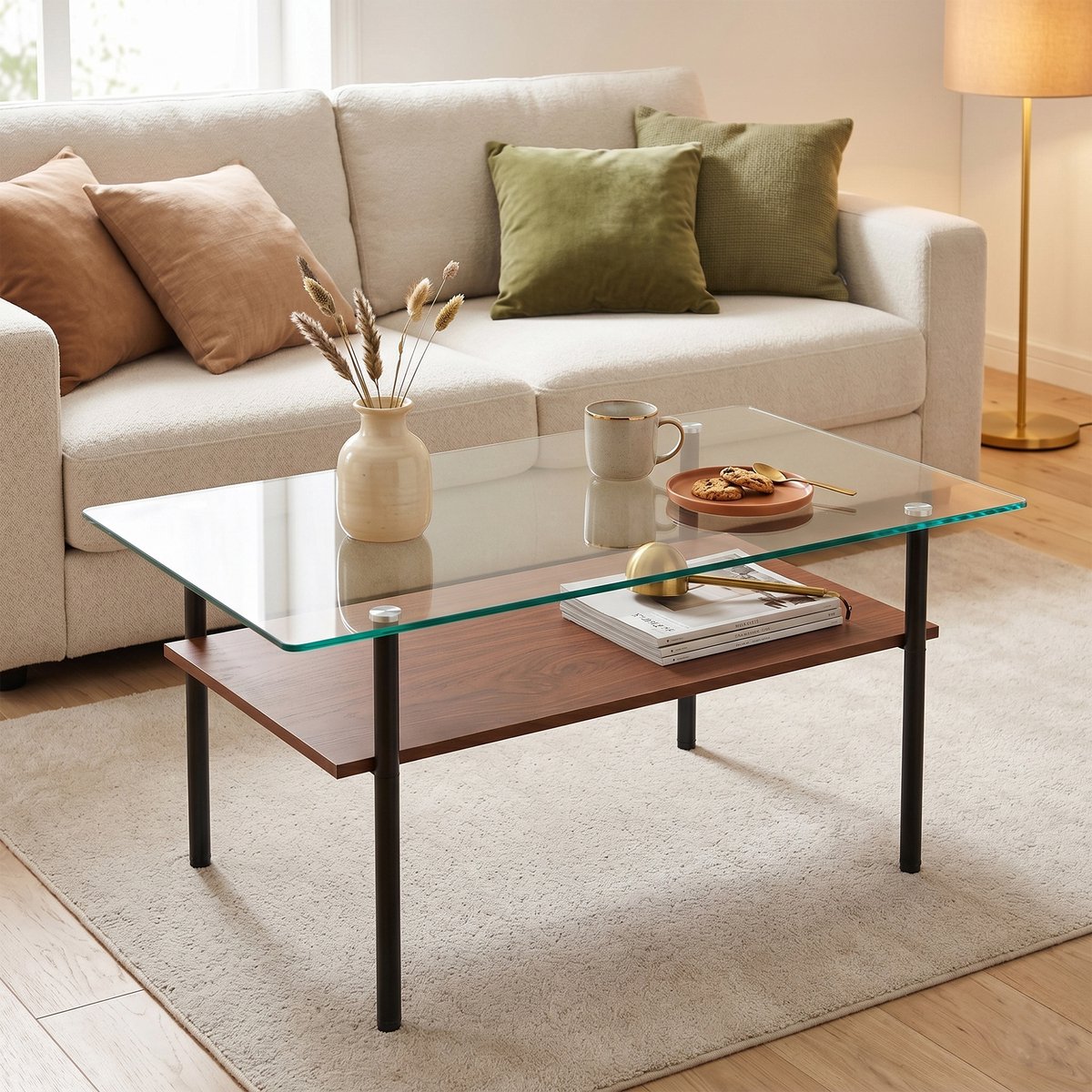 VVBV Salontafel 97,7x57,7x45 cm - 2 Niveaus, Gehard Glas, Metalen Onderstel, Opbergruimte - Zwart/Bruin, Glas/Metaal