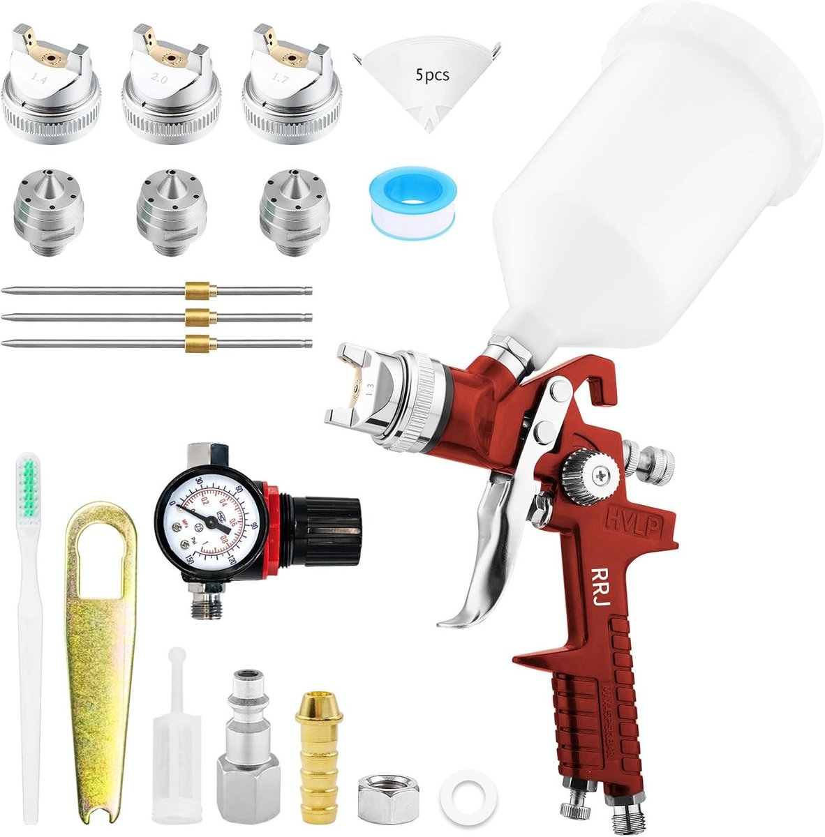 Professionele HVLP Verfspuit met 3 Nozzles 1.4/1.7/2.0 mm, Luchtregulator en 600 cc Gravity Feed voor Auto- en Truckreparatie