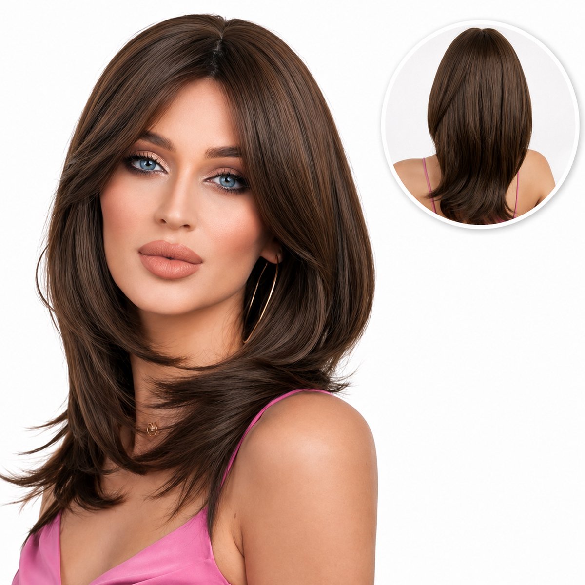 SassyGoods® Kastanje Bruine Pruik - Pruiken Dames - Wig - Verstelbaar - Wasbaar - Half Lang Haar - Donker Bruin Chocolade - Carnaval - 50 cm
