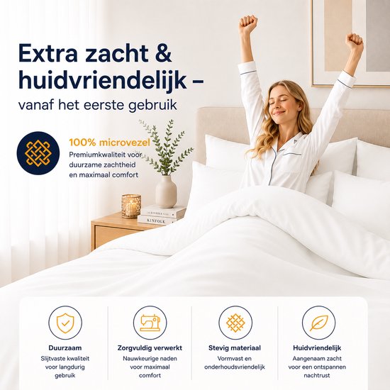 Komfortec Premium Dekbedovertrek 240x220 cm + 2x Kussensloop 60x70 cm - 100% Microvezel - 90 g/m² - 2-Delige Superzachte Beddengoedset - met Rits - Wit — afbeelding 3