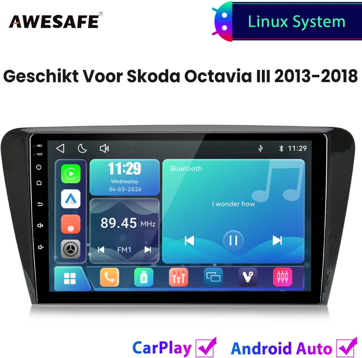 Awesafe Autoradio - Geschikt Voor Skoda Octavia III 2013 t/m 2018 - Draadloos Carplay Android Auto - Linux systeem - 10 Inch Touchscreen - Bluetooth Wifi - 2013 2014 2015 2016 2017 2018