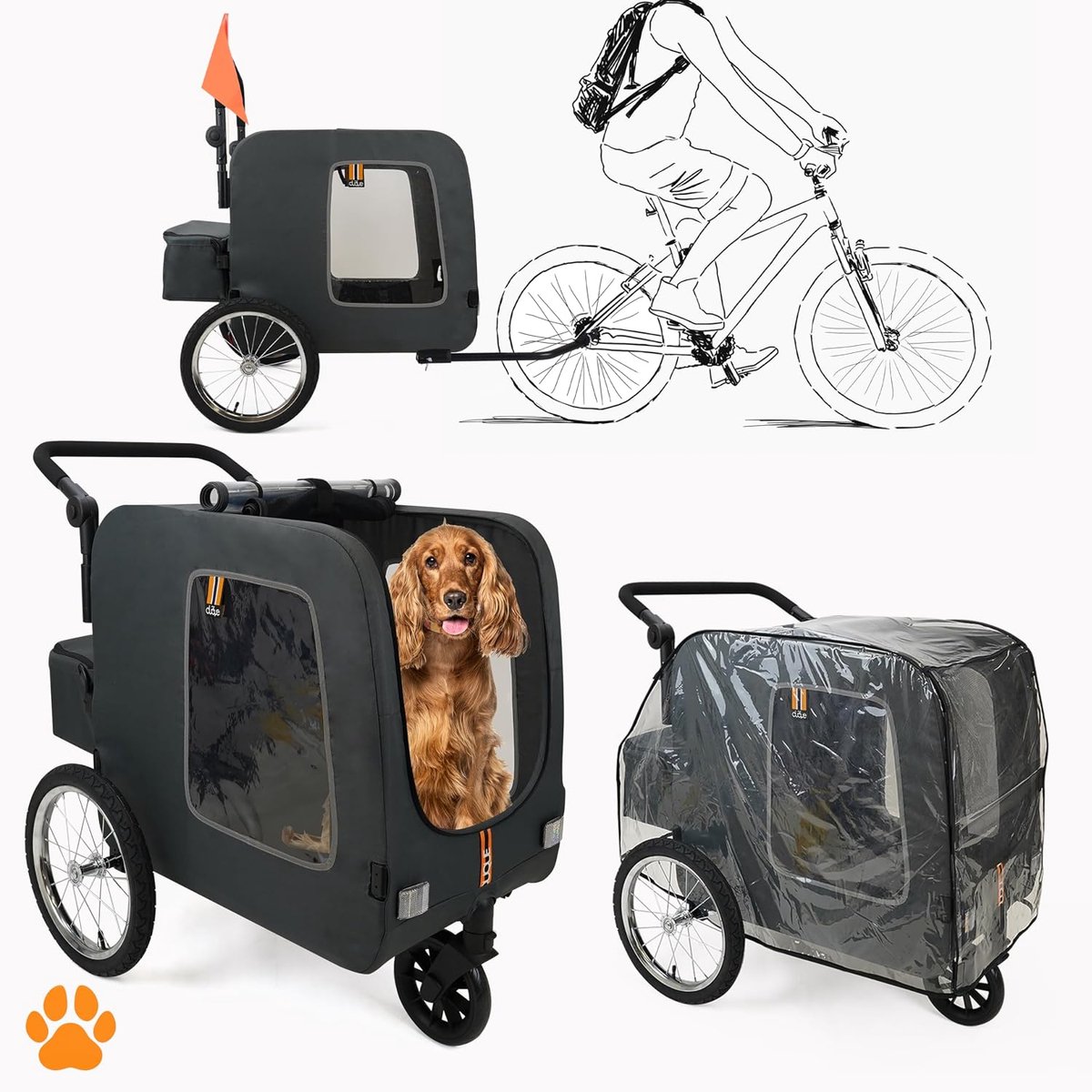 3-in-1 hond huisdier fiets, fietskar, huisdier- & boodschappenkar wandelwagen, jogger, handige trolley, gemakkelijk inklapbaar, inclusief regenhoes, zwart