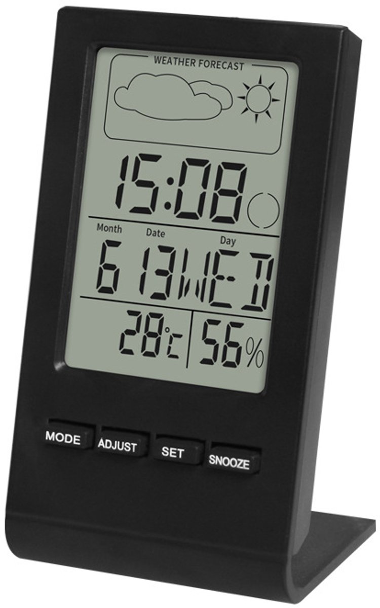 Thermometer, hygrometer, barometer, universele digitale wekker voor binnen en buiten met buitensensor en tijdweergave.