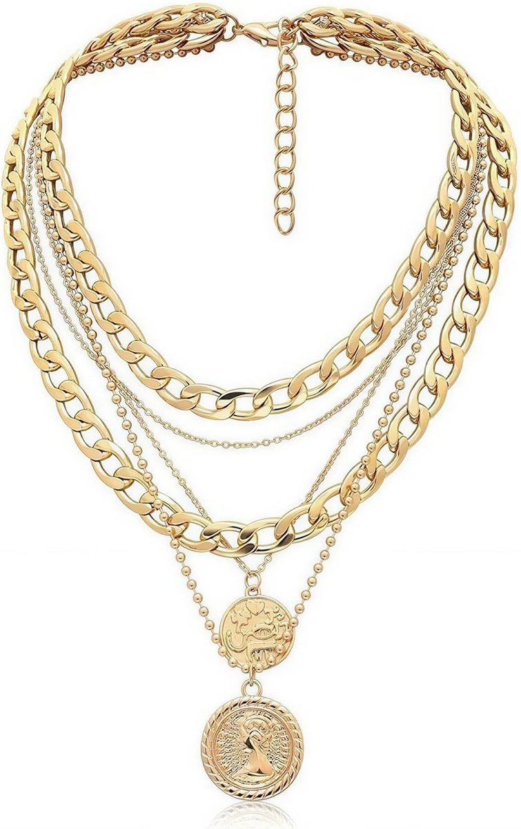 Gelaagde Gouden Schakelketting met Munten voor Dames, Piratenstijl Sieraden voor Feest, Kostuum en Dagelijks Gebruik
