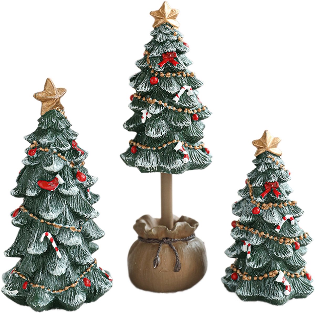 Mini Kerstbomen – Kerstdecoratie – 3 verschillende modellen – Tafel-, kast- en vensterbankdecoratie – Voor kersttafereel en etalage – Groen, rood en goud – 3 stuks