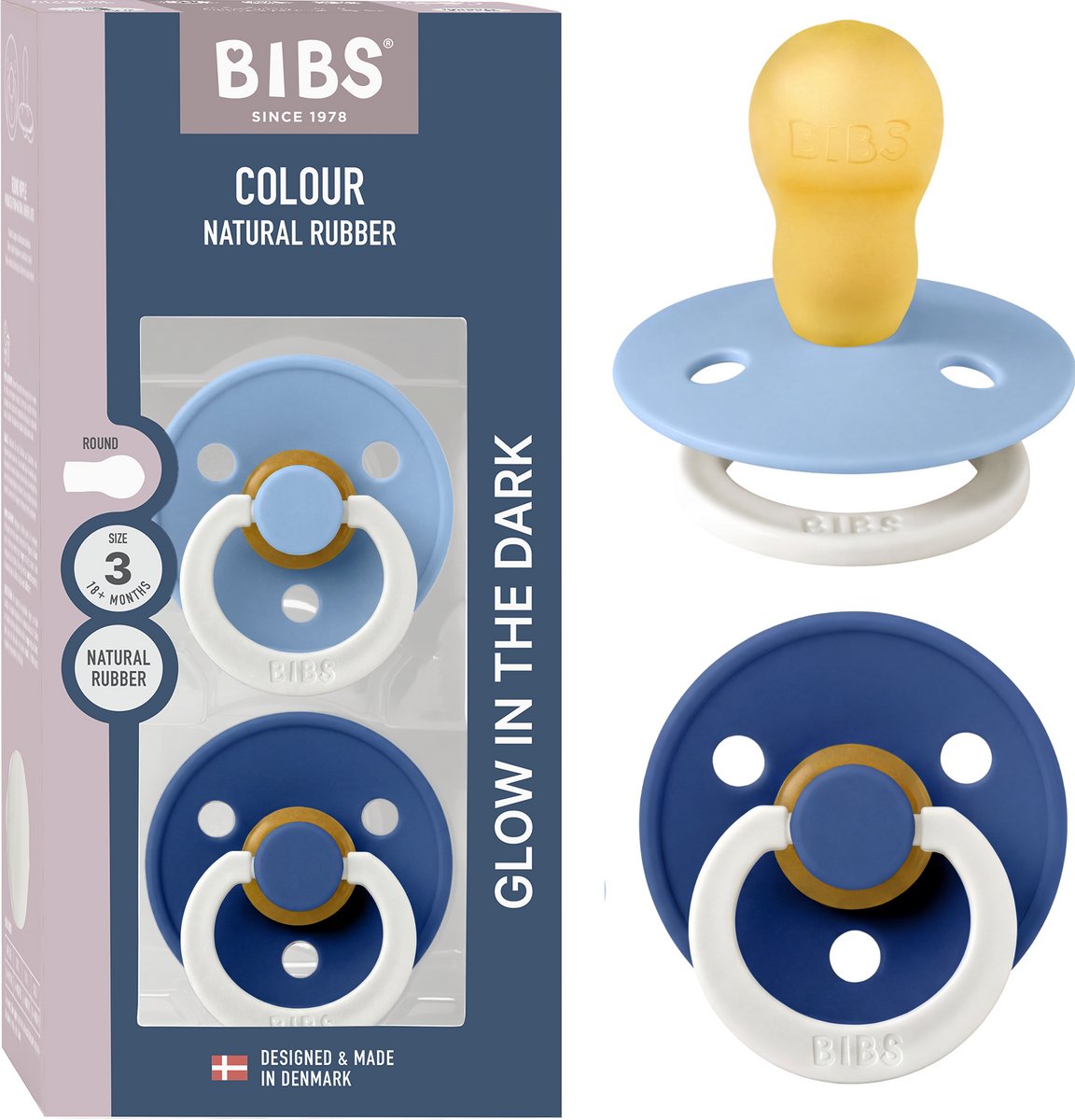 BIBS Colour Glow Fopspeen - 18-48 mnd - 2-pack - Rond - Sky Blue/Cornflower