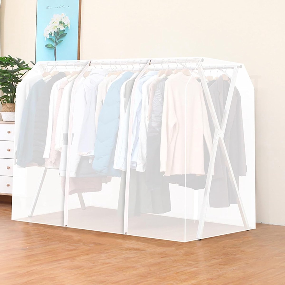 KZQ Witte Stofdichte Hoes Voor X-Vormig Kledingrek Met 2 Ritsen – Waterbestendig, 180x130x95 Cm