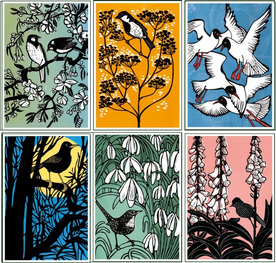 Zes kaarten met linoleumsnedes van vogels: mezen, scholeksters, merel, winterkoninkje en lijsterbes, bloesem, duindoorn.