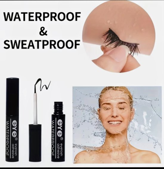 Wimperlijm in verpakking en applicator. Nepwimpers in water. Vrouw met water over haar gezicht. Tekst: WATERPROOF & SWEATPROOF.