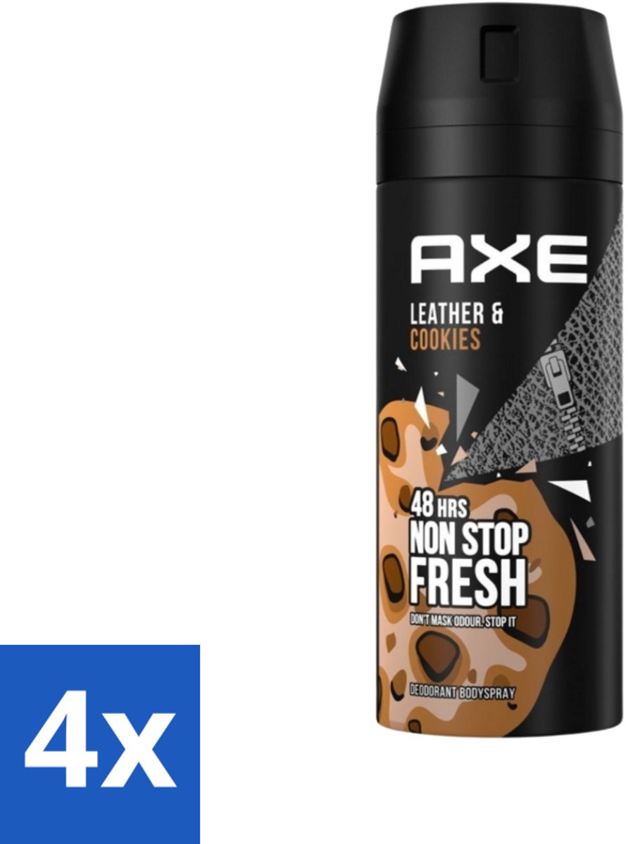 4 x Axe - Deodorant Bodyspray - 48hrs Fresh - Leather & Cookies - 150 ml - 48 Uur Deodorant - Deodorant Spray - Mannelijke Deodorant - Axe Deodorant - Leer Geur